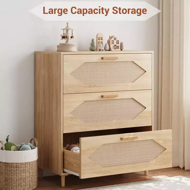 3 Drawer Dresser for Bedroom, 31.5 Wide Rattan Modern Closet Dressers Chest of Drawers, Wood Oak Storage Chest for Bedroom, Hallway, Living Room