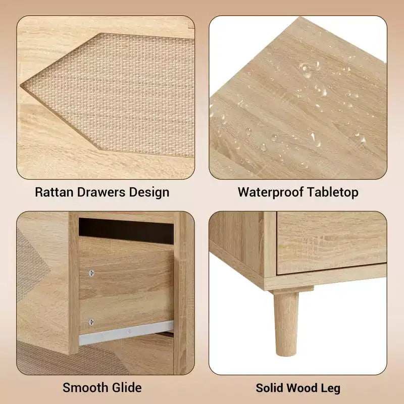 3 Drawer Dresser for Bedroom, 31.5 Wide Rattan Modern Closet Dressers Chest of Drawers, Wood Oak Storage Chest for Bedroom, Hallway, Living Room