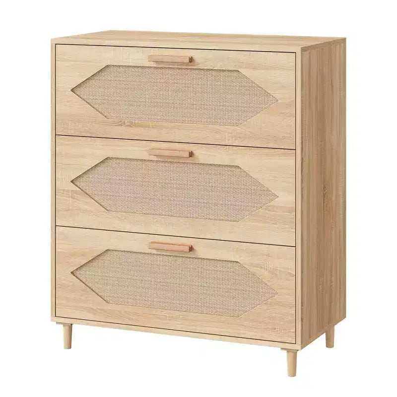 3 Drawer Dresser for Bedroom, 31.5 Wide Rattan Modern Closet Dressers Chest of Drawers, Wood Oak Storage Chest for Bedroom, Hallway, Living Room