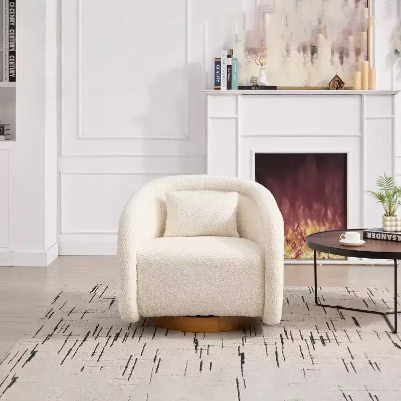 360 Degree Swivel Barrel Chair, Comfy Upholstered Teddy Fabric Accent Chair Pumpkin-Shaped Swivel Chair