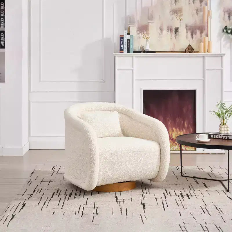 360 Degree Swivel Barrel Chair, Comfy Upholstered Teddy Fabric Accent Chair Pumpkin-Shaped Swivel Chair