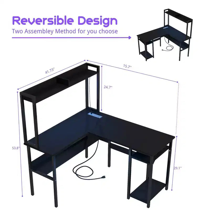 Besiost L Shaped Desk with Hutch, LED Lights, Reversible Corner Desk with Power Outlet