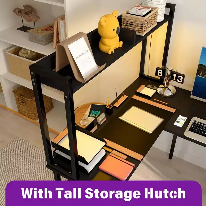 Besiost L Shaped Desk with Hutch, LED Lights, Reversible Corner Desk with Power Outlet
