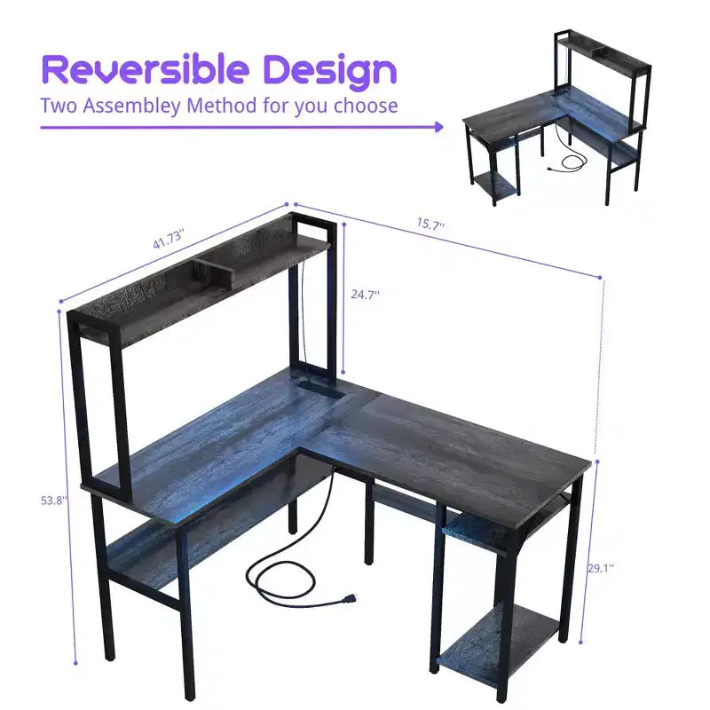 Besiost L Shaped Desk with Hutch, LED Lights, Reversible Corner Desk with Power Outlet