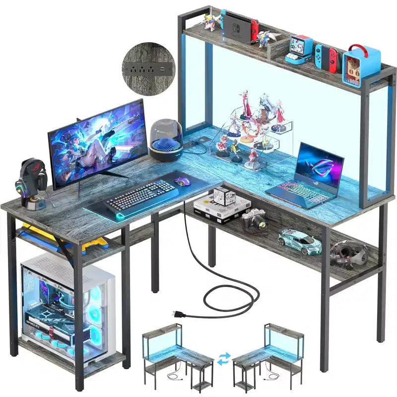 Besiost L Shaped Desk with Hutch, LED Lights, Reversible Corner Desk with Power Outlet