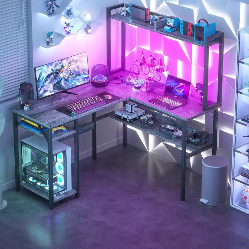 Besiost L Shaped Desk with Hutch, LED Lights, Reversible Corner Desk with Power Outlet