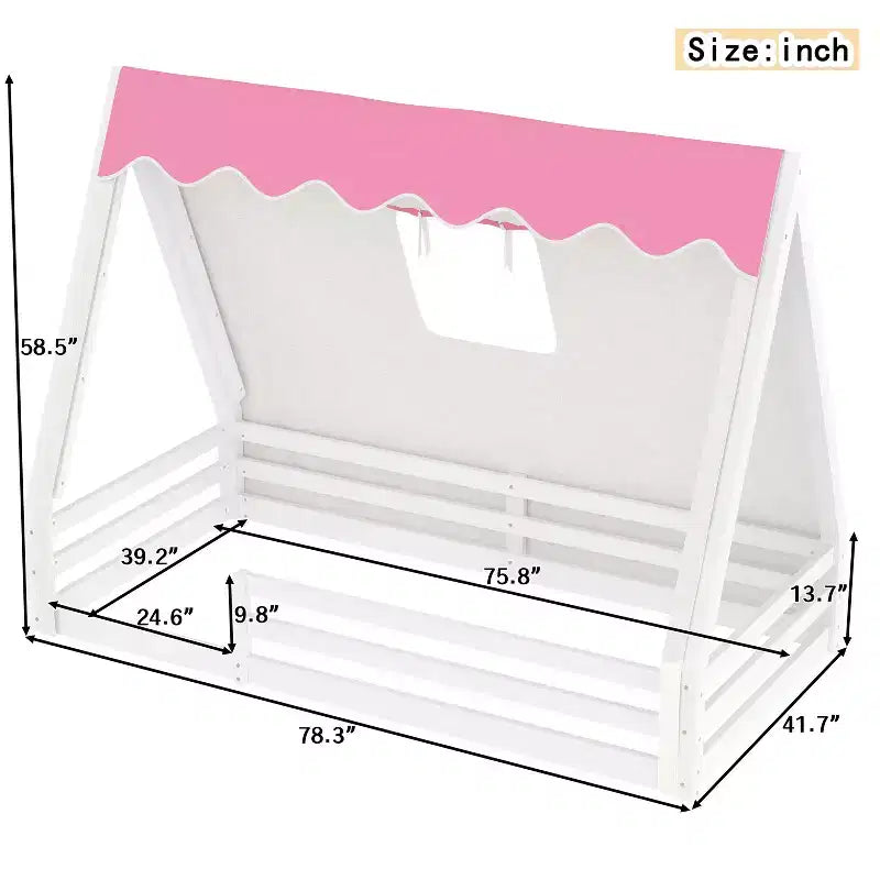 Okak Twin/Full House-Shaped Floor Canopy Beds with Tent & Light Decor,Solid Wood Bed Frame for Kids,Teens,No Spring Box Needed