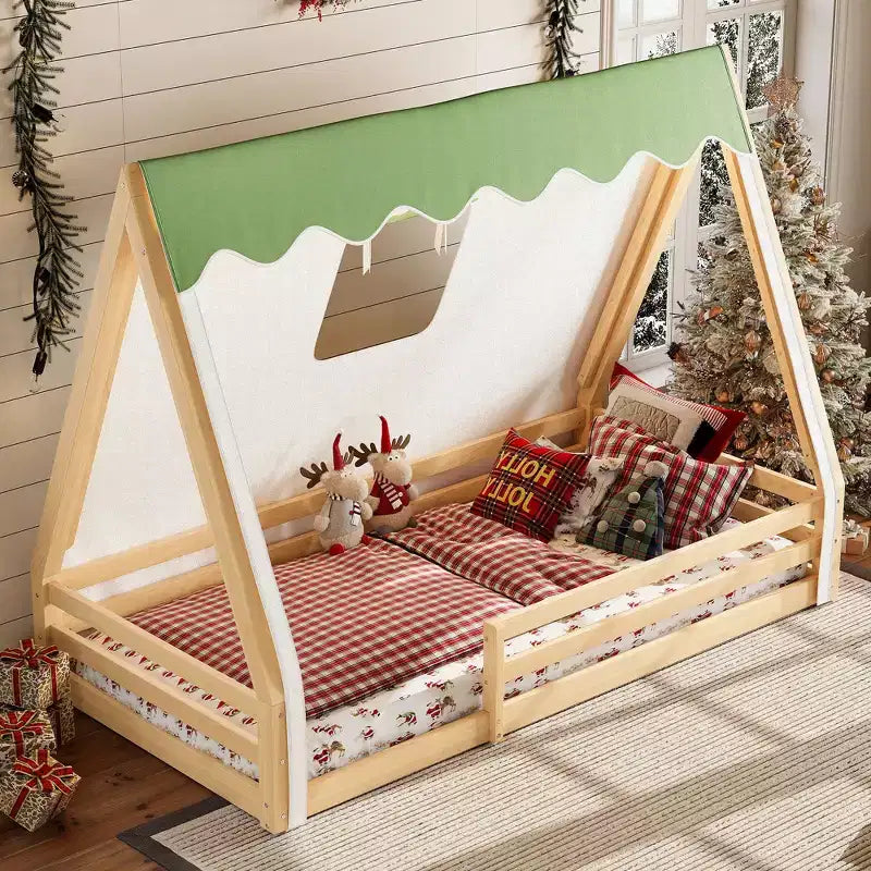 Okak Twin/Full House-Shaped Floor Canopy Beds with Tent & Light Decor,Solid Wood Bed Frame for Kids,Teens,No Spring Box Needed