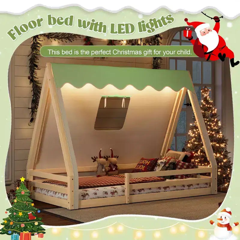 Okak Twin/Full House-Shaped Floor Canopy Beds with Tent & Light Decor,Solid Wood Bed Frame for Kids,Teens,No Spring Box Needed