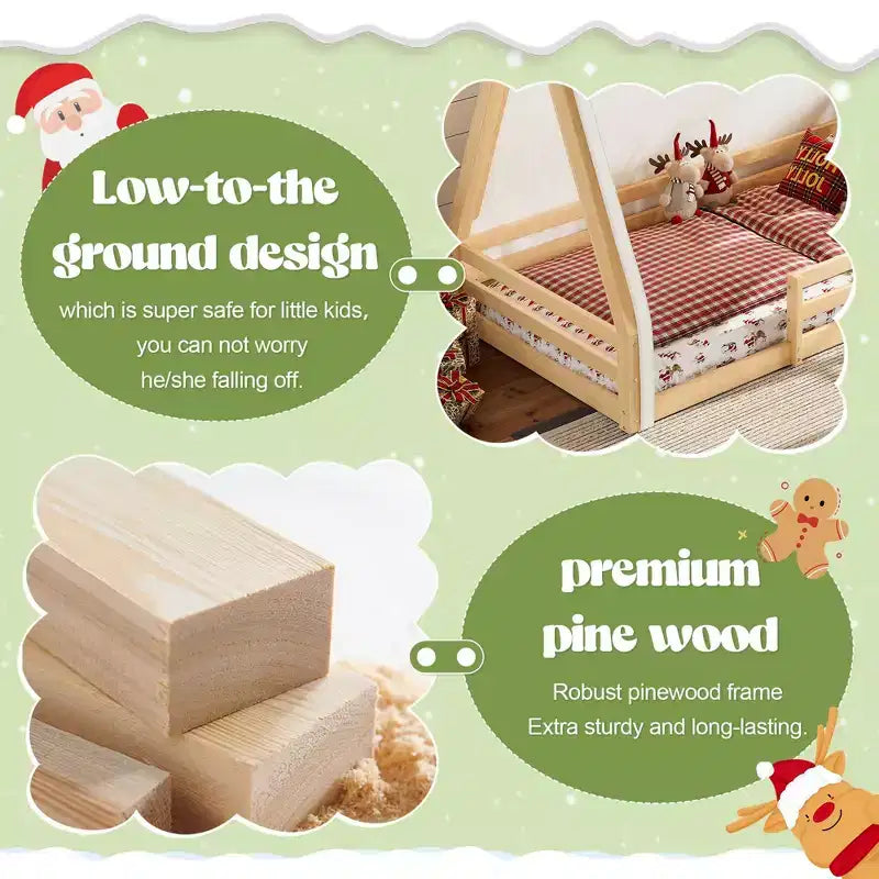Okak Twin/Full House-Shaped Floor Canopy Beds with Tent & Light Decor,Solid Wood Bed Frame for Kids,Teens,No Spring Box Needed