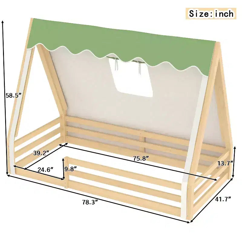 Okak Twin/Full House-Shaped Floor Canopy Beds with Tent & Light Decor,Solid Wood Bed Frame for Kids,Teens,No Spring Box Needed