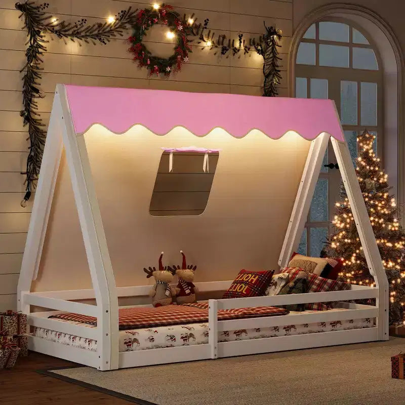 Okak Twin/Full House-Shaped Floor Canopy Beds with Tent & Light Decor,Solid Wood Bed Frame for Kids,Teens,No Spring Box Needed