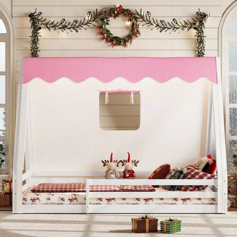 Okak Twin/Full House-Shaped Floor Canopy Beds with Tent & Light Decor,Solid Wood Bed Frame for Kids,Teens,No Spring Box Needed