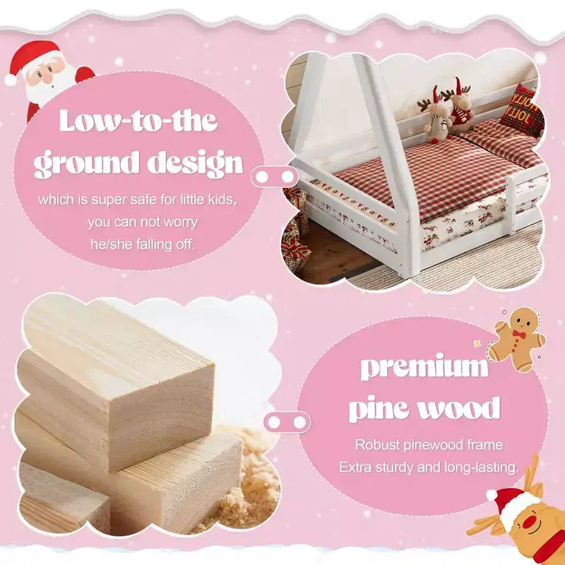 Okak Twin/Full House-Shaped Floor Canopy Beds with Tent & Light Decor,Solid Wood Bed Frame for Kids,Teens,No Spring Box Needed