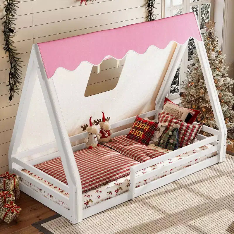 Okak Twin/Full House-Shaped Floor Canopy Beds with Tent & Light Decor,Solid Wood Bed Frame for Kids,Teens,No Spring Box Needed