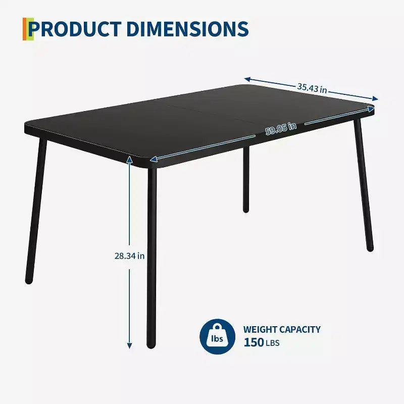 59 Inch Black Patio Table with Metal Frame, Tempered Safety Glass Top for 4-6 People, All-Weather Outdoor Dining Table for Porch Balcony and Backyard