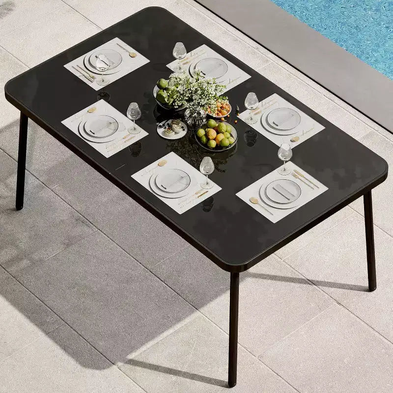 59 Inch Black Patio Table with Metal Frame, Tempered Safety Glass Top for 4-6 People, All-Weather Outdoor Dining Table for Porch Balcony and Backyard