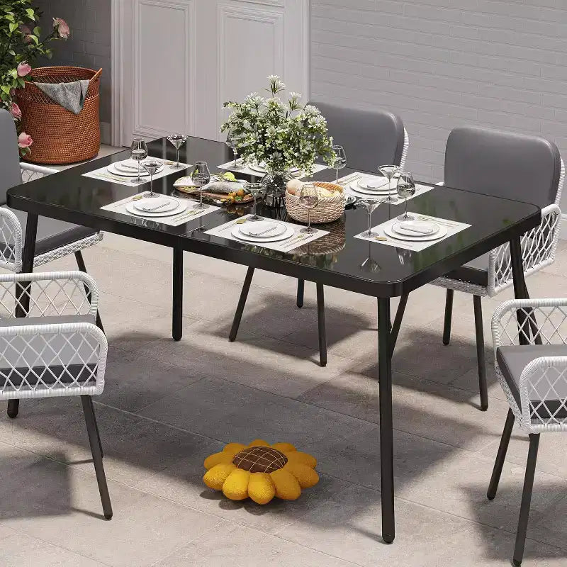 59 Inch Black Patio Table with Metal Frame, Tempered Safety Glass Top for 4-6 People, All-Weather Outdoor Dining Table for Porch Balcony and Backyard