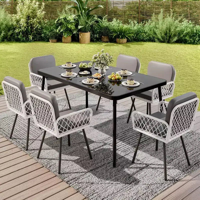 59 Inch Black Patio Table with Metal Frame, Tempered Safety Glass Top for 4-6 People, All-Weather Outdoor Dining Table for Porch Balcony and Backyard