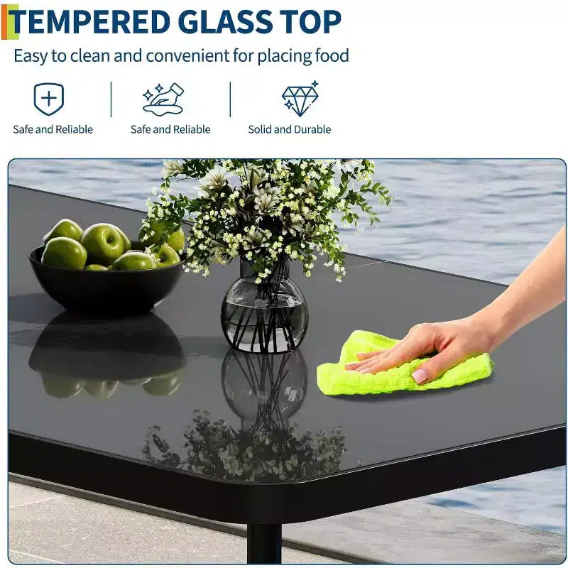 59 Inch Black Patio Table with Metal Frame, Tempered Safety Glass Top for 4-6 People, All-Weather Outdoor Dining Table for Porch Balcony and Backyard