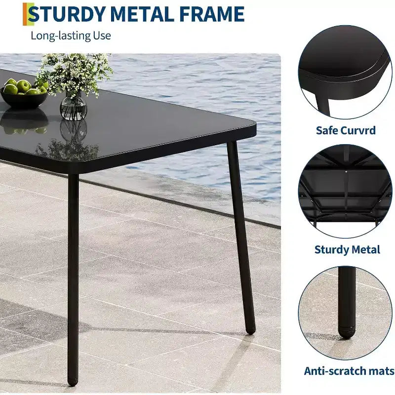 59 Inch Black Patio Table with Metal Frame, Tempered Safety Glass Top for 4-6 People, All-Weather Outdoor Dining Table for Porch Balcony and Backyard