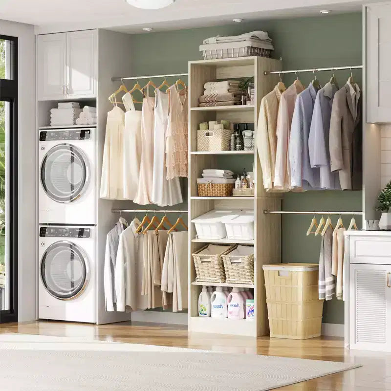 Besiost Closet Organizer with Extendable Hanging Rod, Walk-In Closet System Wardrobe with Adjustable Shelves