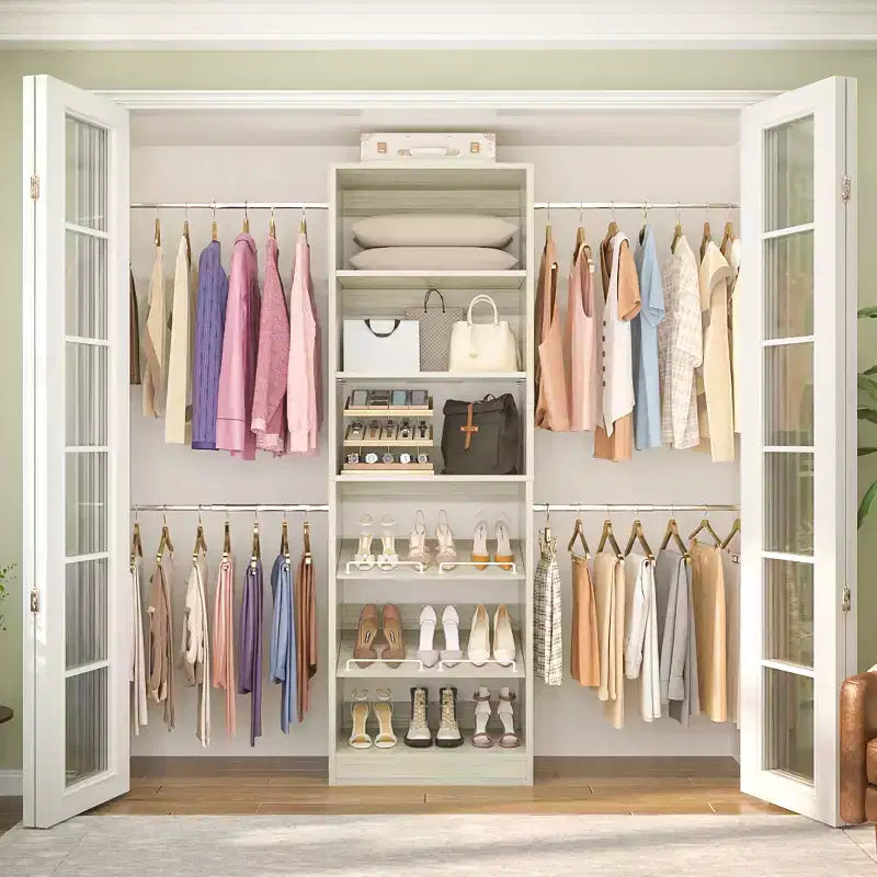 Besiost Closet Organizer with Extendable Hanging Rod, Walk-In Closet System Wardrobe with Adjustable Shelves