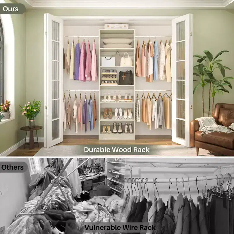 Besiost Closet Organizer with Extendable Hanging Rod, Walk-In Closet System Wardrobe with Adjustable Shelves