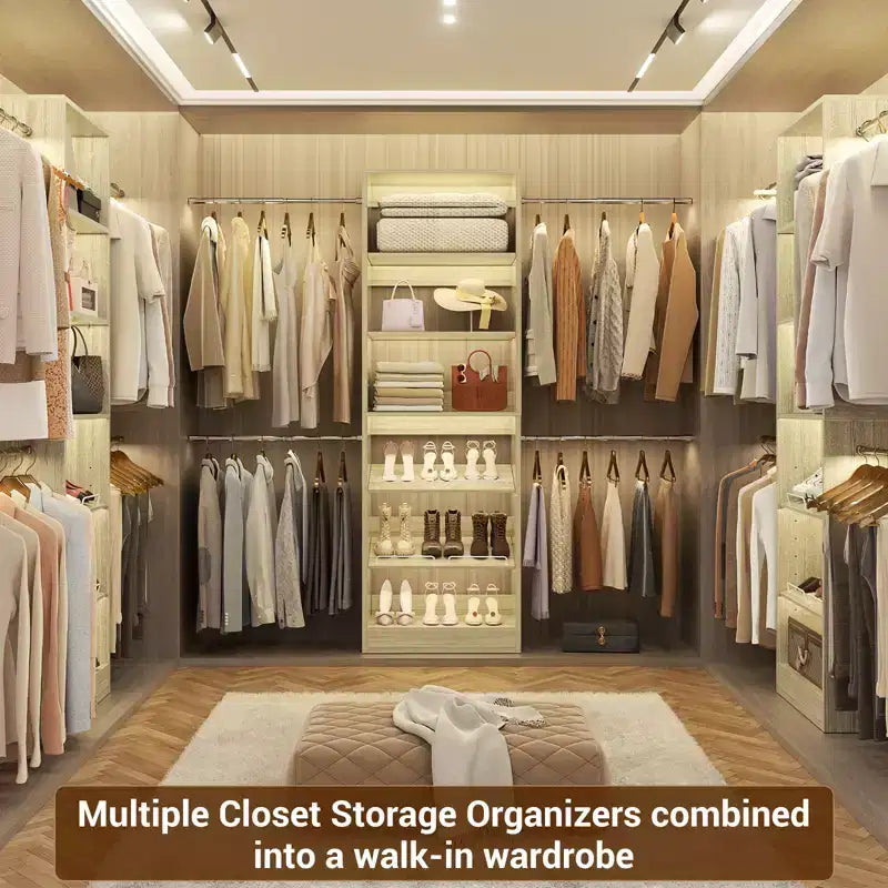 Besiost Closet Organizer with Extendable Hanging Rod, Walk-In Closet System Wardrobe with Adjustable Shelves