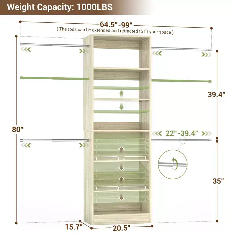 Besiost Closet Organizer with Extendable Hanging Rod, Walk-In Closet System Wardrobe with Adjustable Shelves
