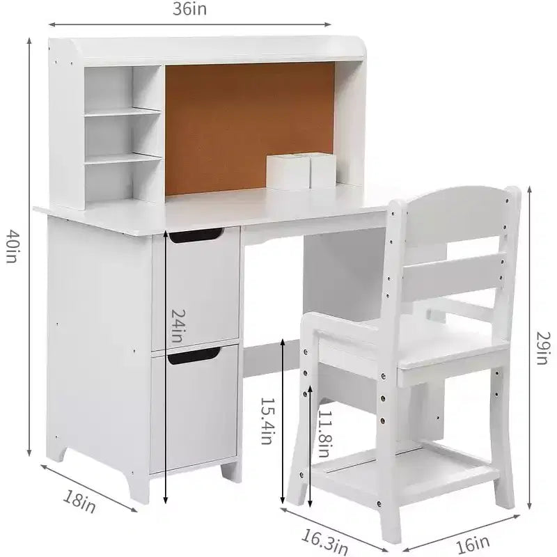 Kids Desk, Study Desk and Chair Set for Boys and Girl, Wooden Kids Writing Table with Bookshelf, Bulletin Board, and Cabinets for Ages 3-8