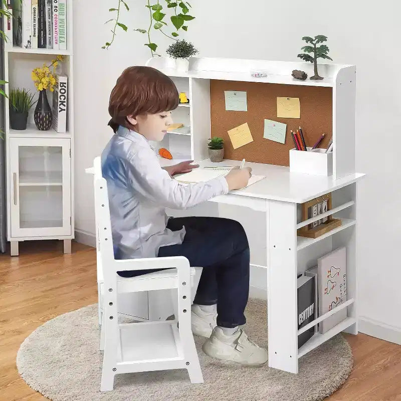 Kids Desk, Study Desk and Chair Set for Boys and Girl, Wooden Kids Writing Table with Bookshelf, Bulletin Board, and Cabinets for Ages 3-8