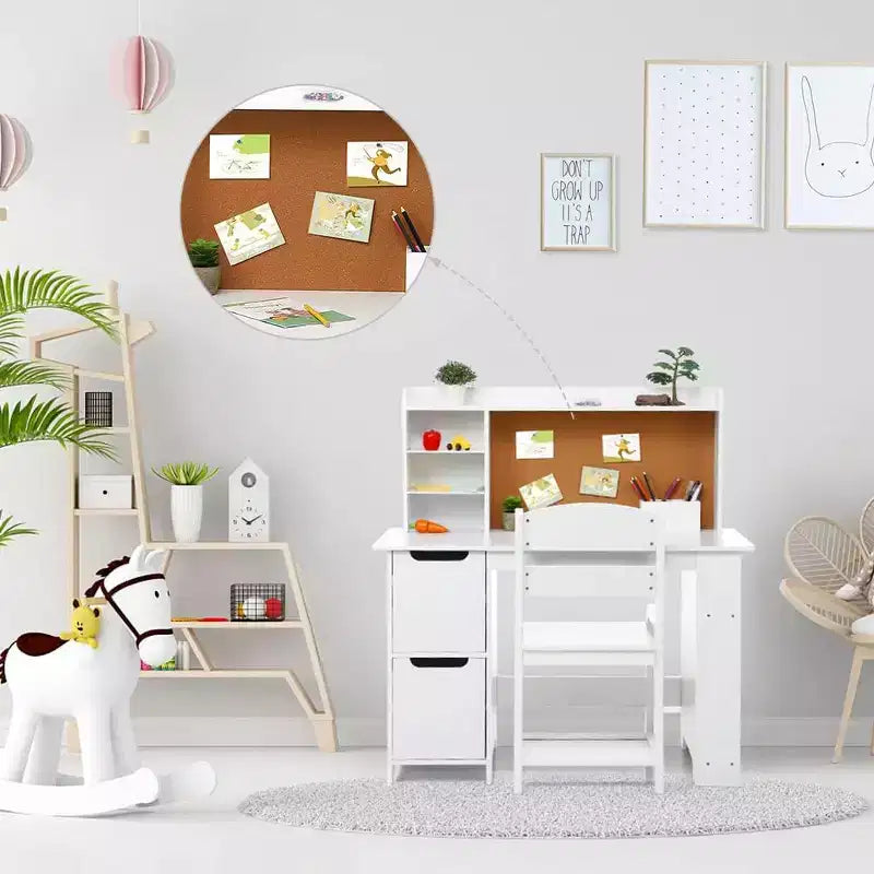 Kids Desk, Study Desk and Chair Set for Boys and Girl, Wooden Kids Writing Table with Bookshelf, Bulletin Board, and Cabinets for Ages 3-8