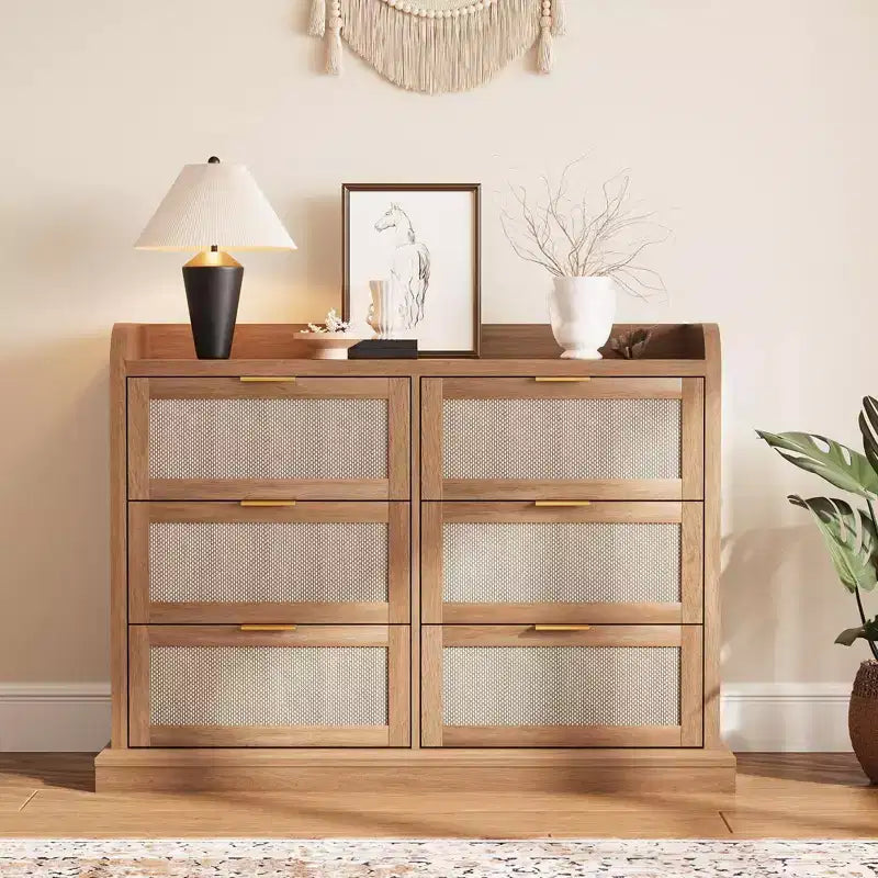 COZONY Rattan 6-Drawer Dresser with Spacious Top, Farmhouse Style Wood Storage Cabinet for Bedroom, Living Room or Entryway