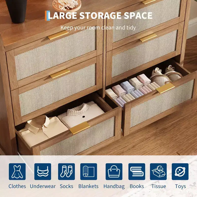 COZONY Rattan 6-Drawer Dresser with Spacious Top, Farmhouse Style Wood Storage Cabinet for Bedroom, Living Room or Entryway