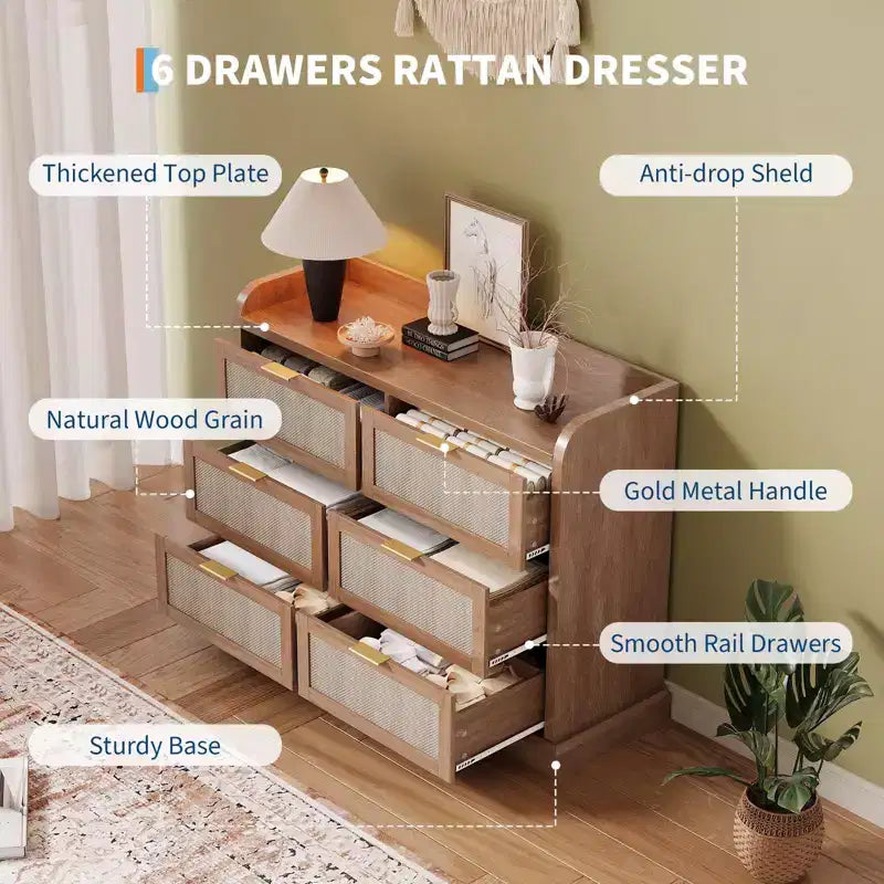 COZONY Rattan 6-Drawer Dresser with Spacious Top, Farmhouse Style Wood Storage Cabinet for Bedroom, Living Room or Entryway