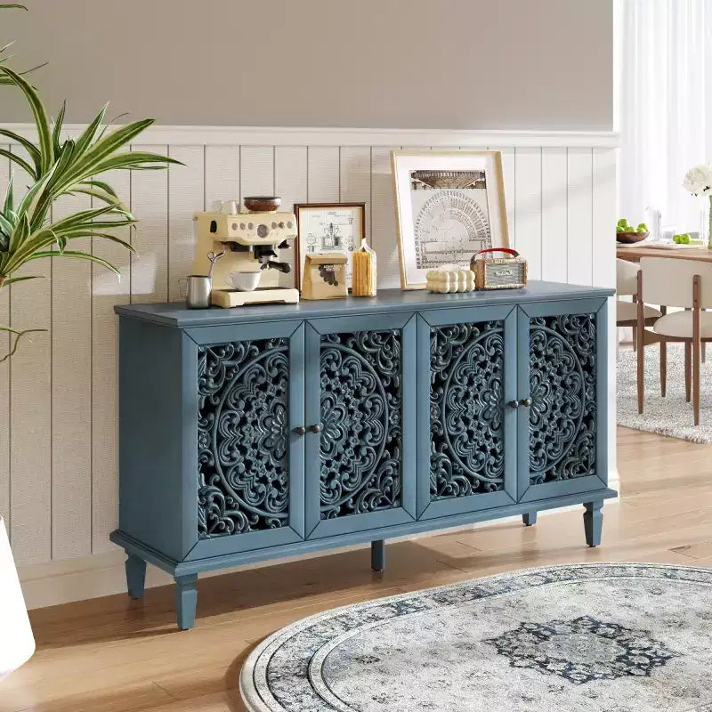 60 Vintage Floral Carved Sideboard Buffet Cabinet, Storage Console with Solid Wood Legs, Adjustable Shelves, Accent Cabinet - Panipeachy