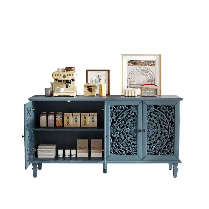 60 Vintage Floral Carved Sideboard Buffet Cabinet, Storage Console with Solid Wood Legs, Adjustable Shelves, Accent Cabinet - Panipeachy