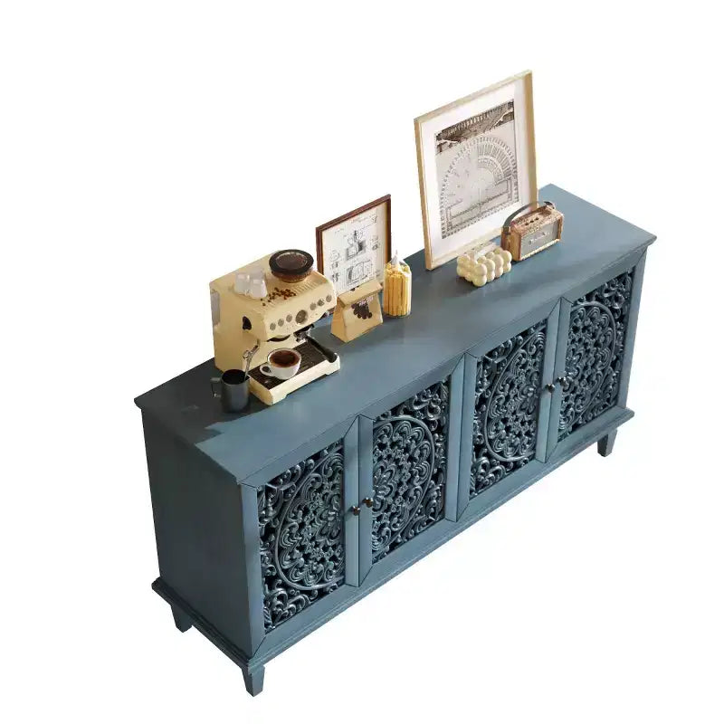 60 Vintage Floral Carved Sideboard Buffet Cabinet, Storage Console with Solid Wood Legs, Adjustable Shelves, Accent Cabinet - Panipeachy