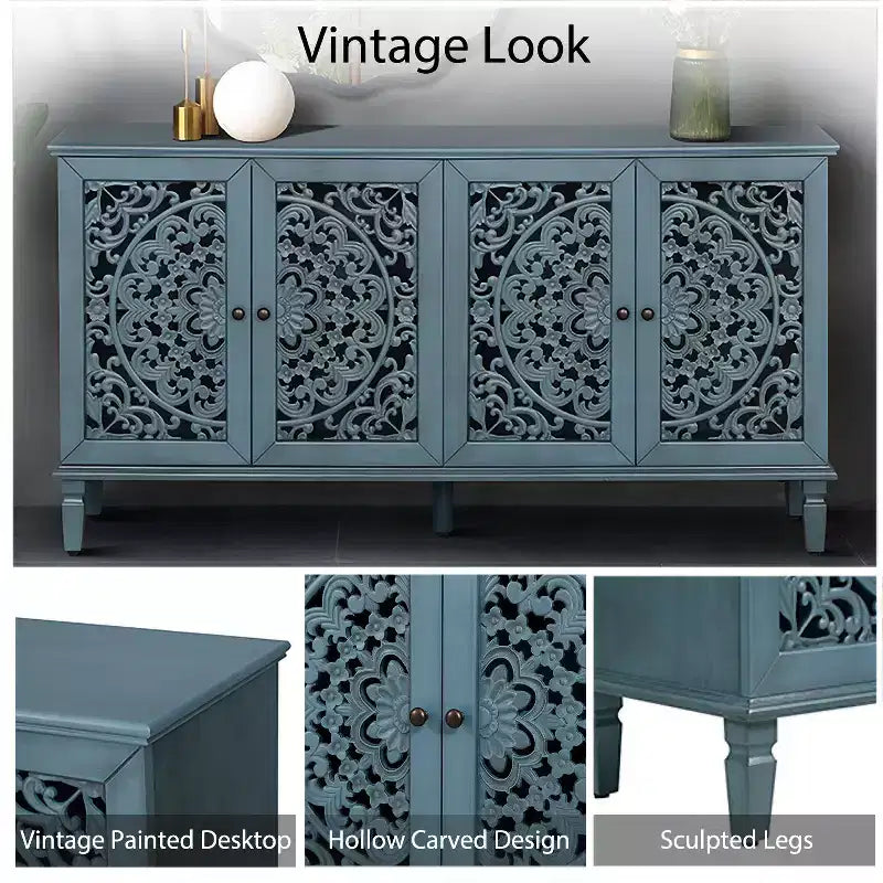 60 Vintage Floral Carved Sideboard Buffet Cabinet, Storage Console with Solid Wood Legs, Adjustable Shelves, Accent Cabinet - Panipeachy