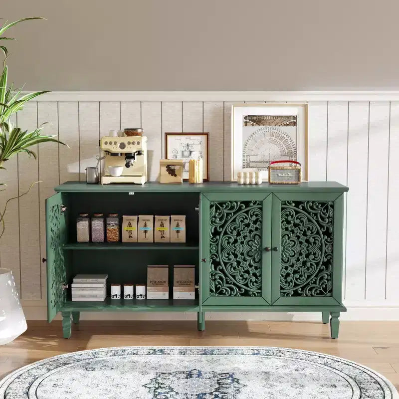 60 Vintage Floral Carved Sideboard Buffet Cabinet, Storage Console with Solid Wood Legs, Adjustable Shelves, Accent Cabinet - Panipeachy