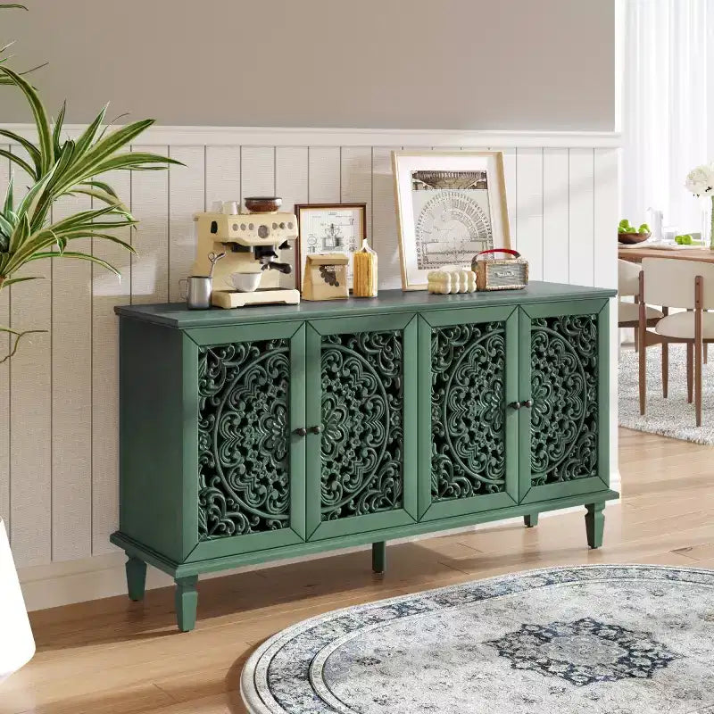 60 Vintage Floral Carved Sideboard Buffet Cabinet, Storage Console with Solid Wood Legs, Adjustable Shelves, Accent Cabinet - Panipeachy