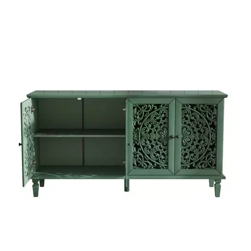 60 Vintage Floral Carved Sideboard Buffet Cabinet, Storage Console with Solid Wood Legs, Adjustable Shelves, Accent Cabinet - Panipeachy