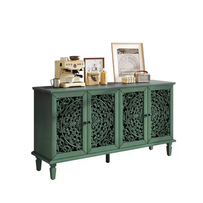 60 Vintage Floral Carved Sideboard Buffet Cabinet, Storage Console with Solid Wood Legs, Adjustable Shelves, Accent Cabinet - Panipeachy