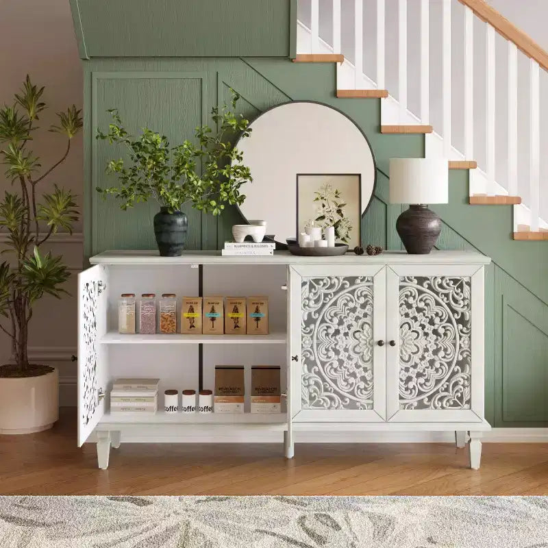 60 Vintage Floral Carved Sideboard Buffet Cabinet, Storage Console with Solid Wood Legs, Adjustable Shelves, Accent Cabinet - Panipeachy