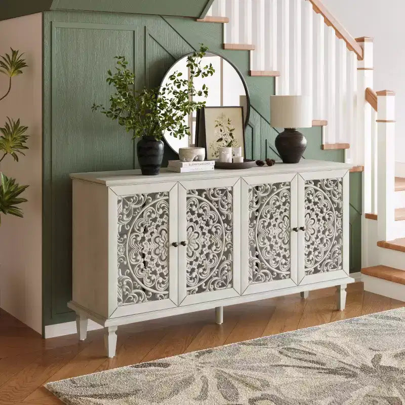 60 Vintage Floral Carved Sideboard Buffet Cabinet, Storage Console with Solid Wood Legs, Adjustable Shelves, Accent Cabinet - Panipeachy