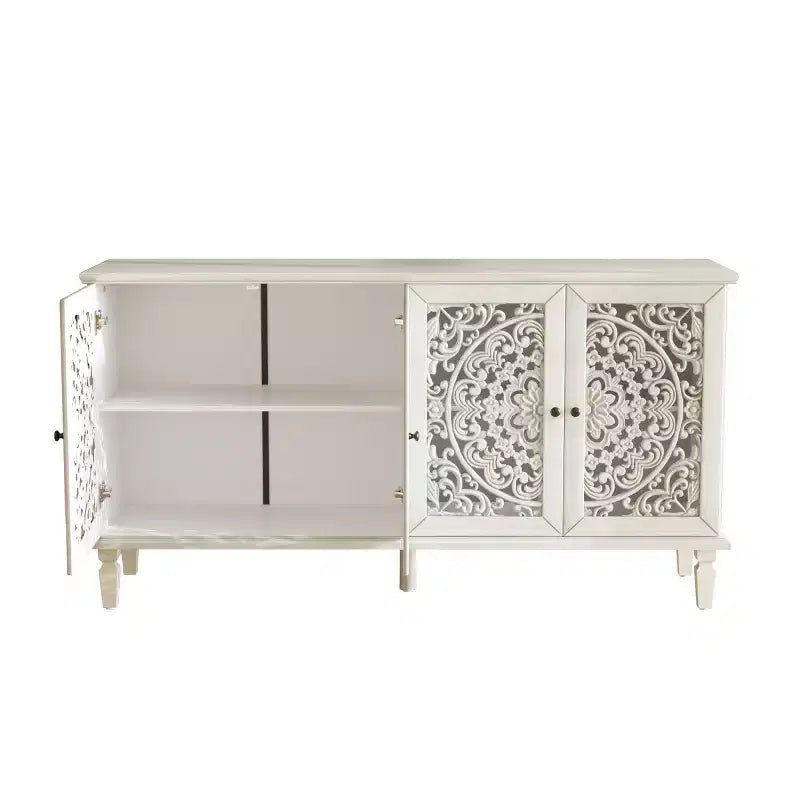 60 Vintage Floral Carved Sideboard Buffet Cabinet, Storage Console with Solid Wood Legs, Adjustable Shelves, Accent Cabinet - Panipeachy
