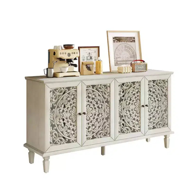 60 Vintage Floral Carved Sideboard Buffet Cabinet, Storage Console with Solid Wood Legs, Adjustable Shelves, Accent Cabinet - Panipeachy