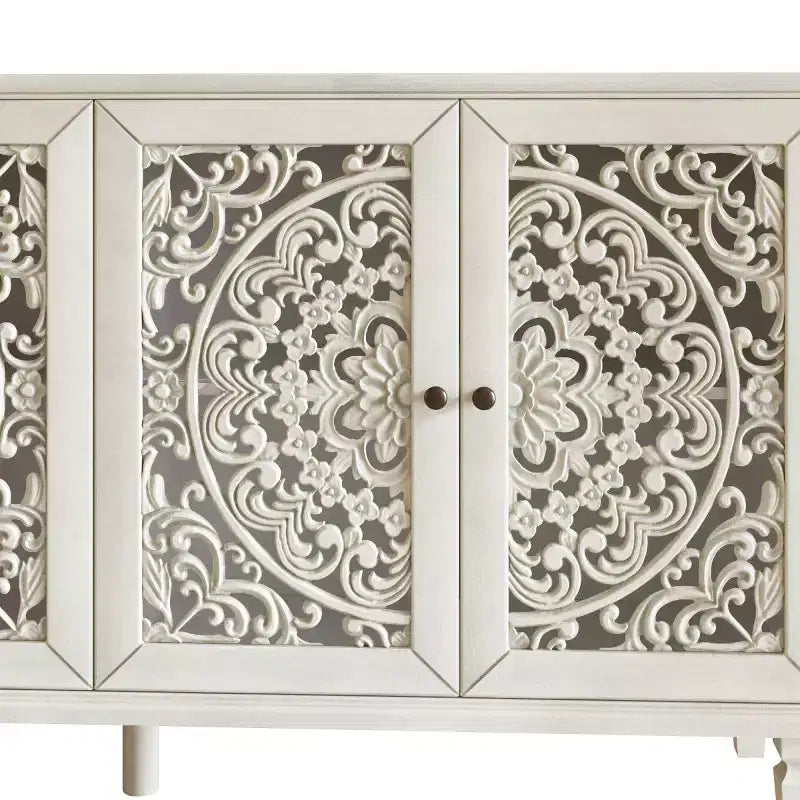 60 Vintage Floral Carved Sideboard Buffet Cabinet, Storage Console with Solid Wood Legs, Adjustable Shelves, Accent Cabinet - Panipeachy