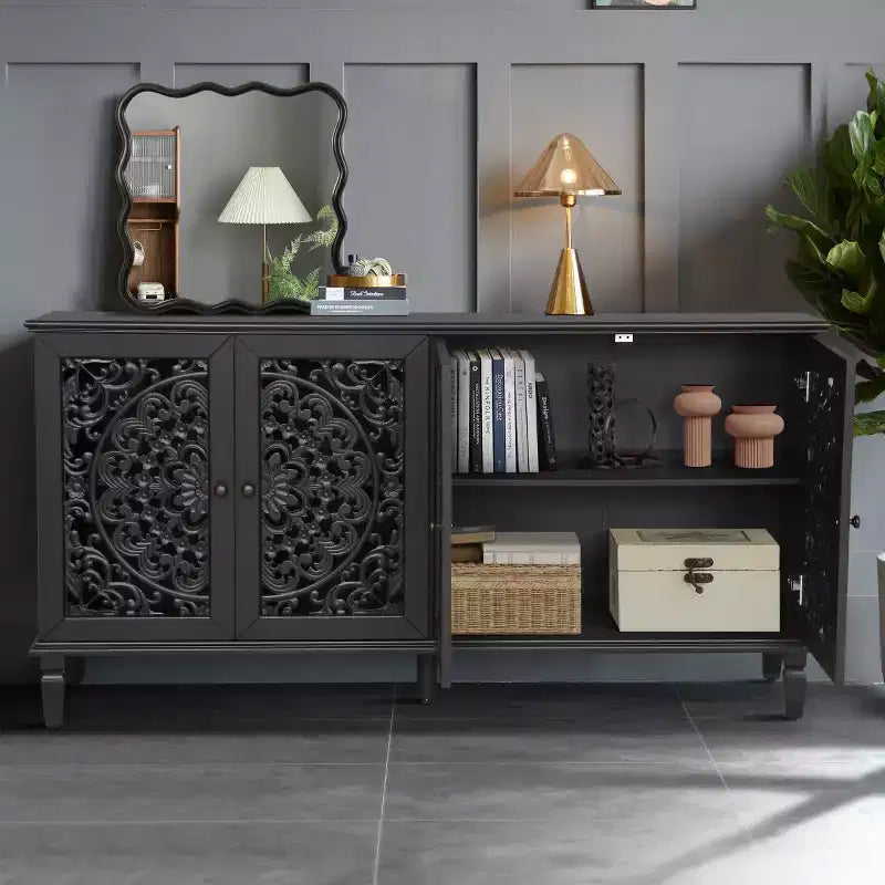 60 Vintage Floral Carved Sideboard Buffet Cabinet, Storage Console with Solid Wood Legs, Adjustable Shelves, Accent Cabinet - Panipeachy